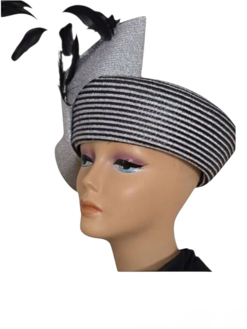 KaKy Co. Black Silver Metallic Beret Hat Bow Feathers